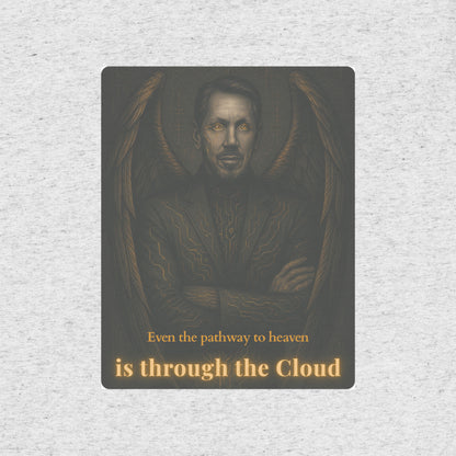 Dark-themed artwork with a person and text on a textured gray T-shirt background