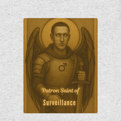 Illustration of an armored angelic figure with text 'Patron Saint of Surveillance' on a textured background. Graphic design from The Overlords tee collection
