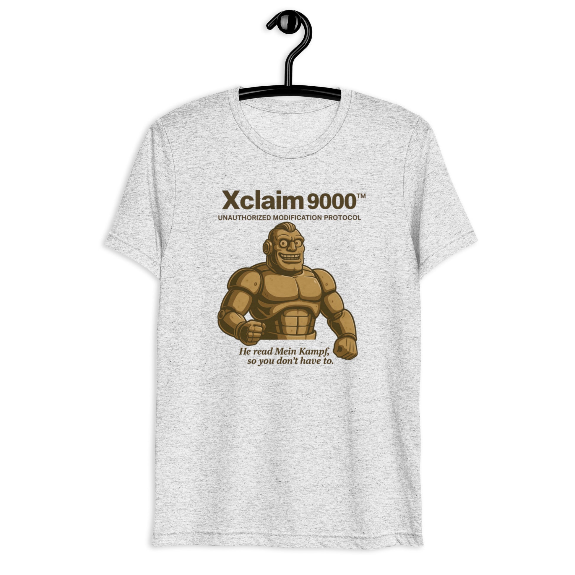 Gray t-shirt with a graphic of a muscular character and text on a hanger against a white background
