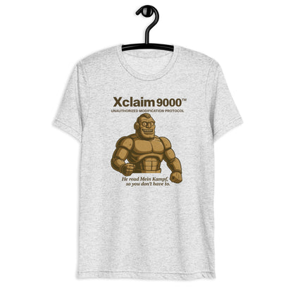 Gray t-shirt with a graphic of a muscular character and text on a hanger against a white background