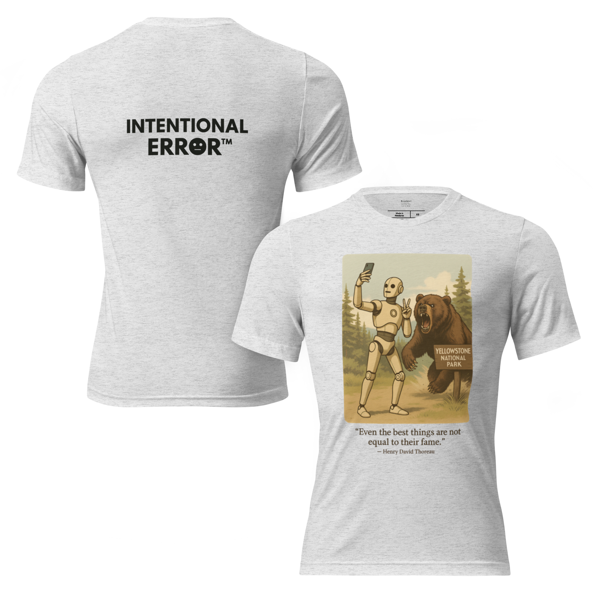 T-shirt featuring a robot taking a selfie in front of a roaring bear at Yellowstone National Park. Satirical AI influencer design.