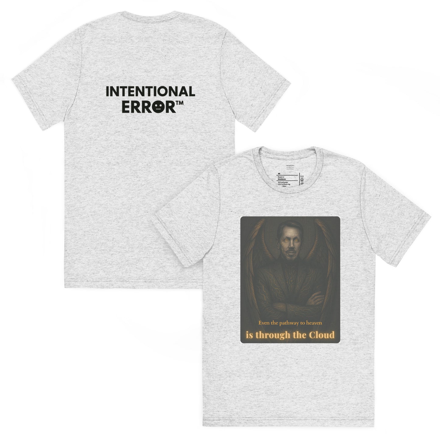 Gray t-shirt with 'Intentional Error' text on the back and a portrait graphic on the front.