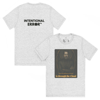 Gray t-shirt with 'Intentional Error' text on the back and a portrait graphic on the front.