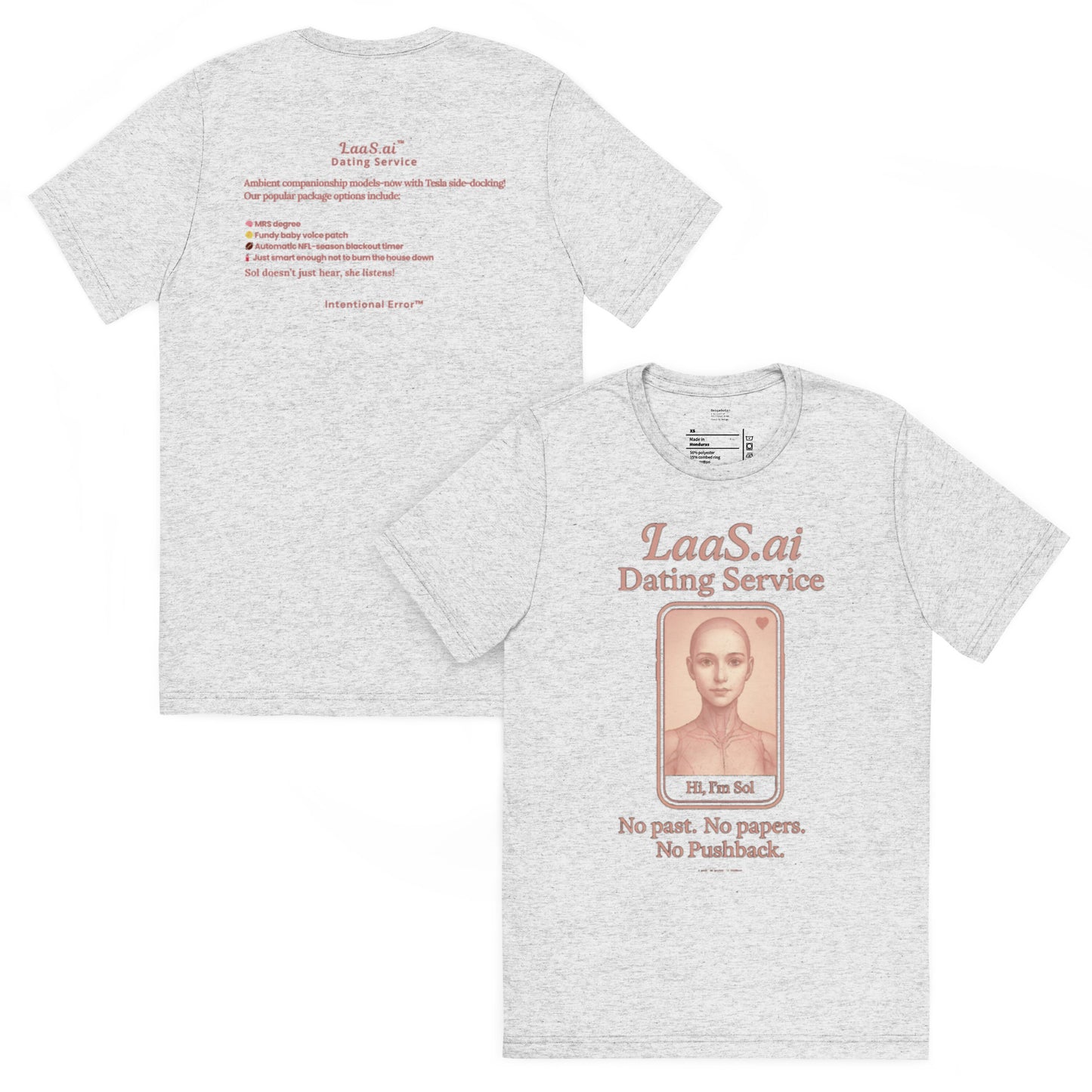 Back and front mockups of Intentional Error's LaaS.ai Dating Service graphic T-shirt in white fleck.
