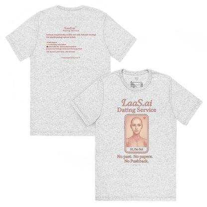 Back and front mockups of Intentional Error's LaaS.ai Dating Service graphic T-shirt in white fleck.