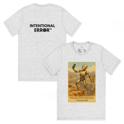 Back and front mockups of Intentional Error's Duck Lips on the Edge graphic T-shirt in white fleck.