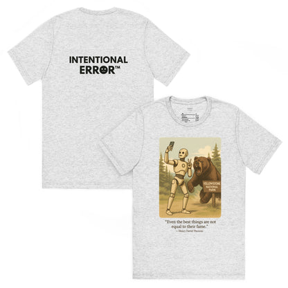 Back and front mockups of Intentional Error's Bearly Surviving graphic T-shirt in white fleck.