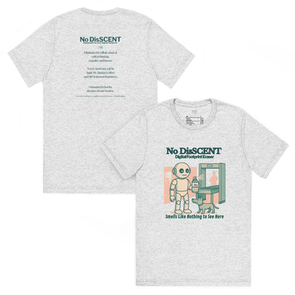 Back and front mockups of Intentional Error's No DisSCENT graphic T-shirt in white fleck.