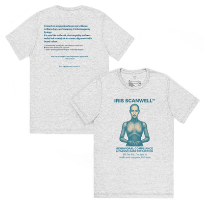 Back and front mockups of Intentional Error's Iris Scanwell graphic T-shirt in white fleck.