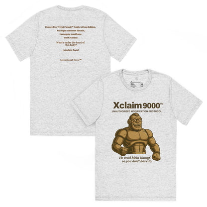 Back and front mockups of Intentional Error's Xclaim 9000 graphic T-shirt in white fleck.