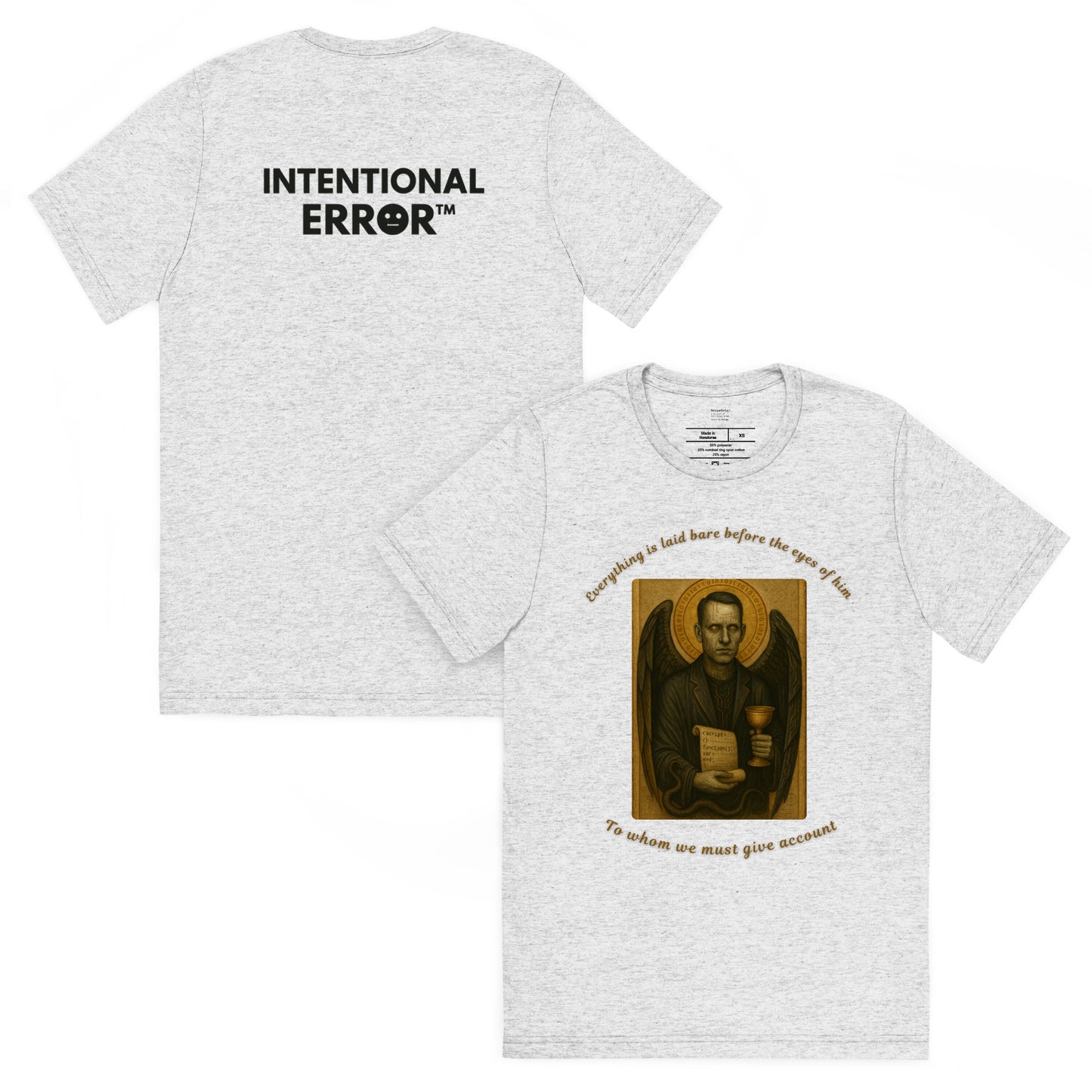 Gray t-shirt with 'Intentional Error' text on the back and religious-themed design on the front.
