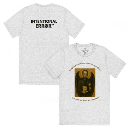 Gray t-shirt with 'Intentional Error' text on the back and religious-themed design on the front.