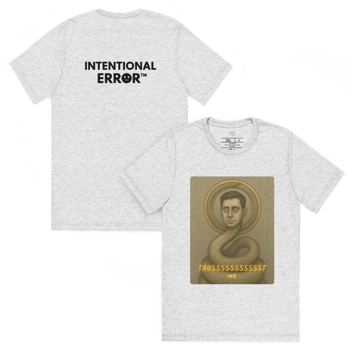 Gray t-shirt with 'Intentional Error' text on the back and a graphic design on the front.
