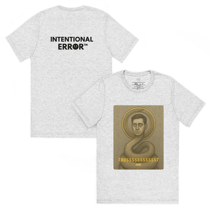 Gray t-shirt with 'Intentional Error' text on the back and a graphic design on the front.