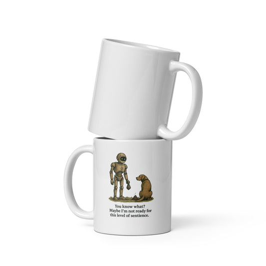  a ceramic mug mockup with a drawing of a robot holding a dog poop bag, standing next to a dog. Caption: “Maybe I’m not ready for this level of sentience.”