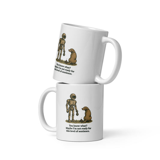 Mock up showing both sides of Intentional Error's Robot Sentience Dog Poop mug.