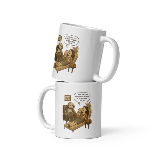Mockup of both sides of Intentional Error's Mercury Retrograde mug.