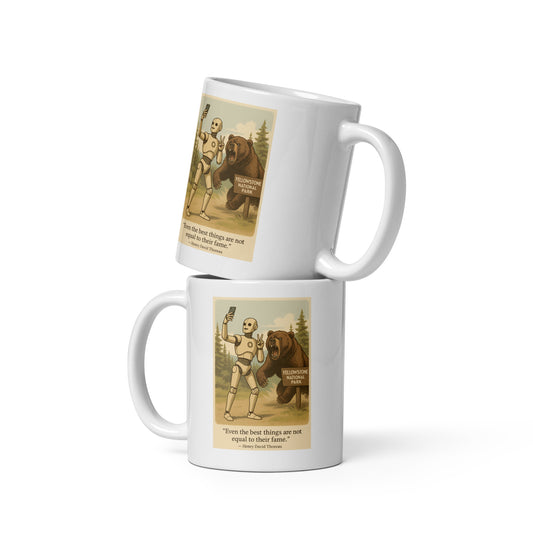 Two white mugs with vintage-style illustrations of a robot and bear on a white background