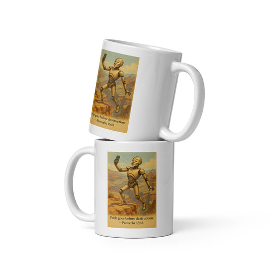 Two white mugs with a design of a robot and text on a white background