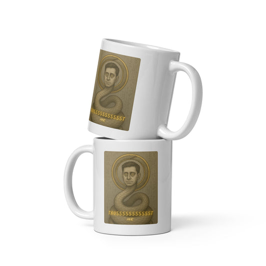Two white mugs with a graphic design of a face and text on a white background